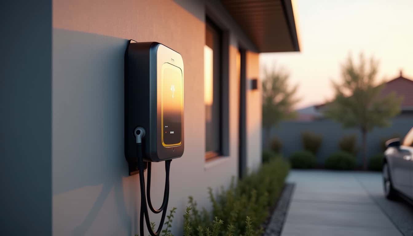 Borne de recharge électrique moderne installée sur un mur extérieur en milieu résidentiel