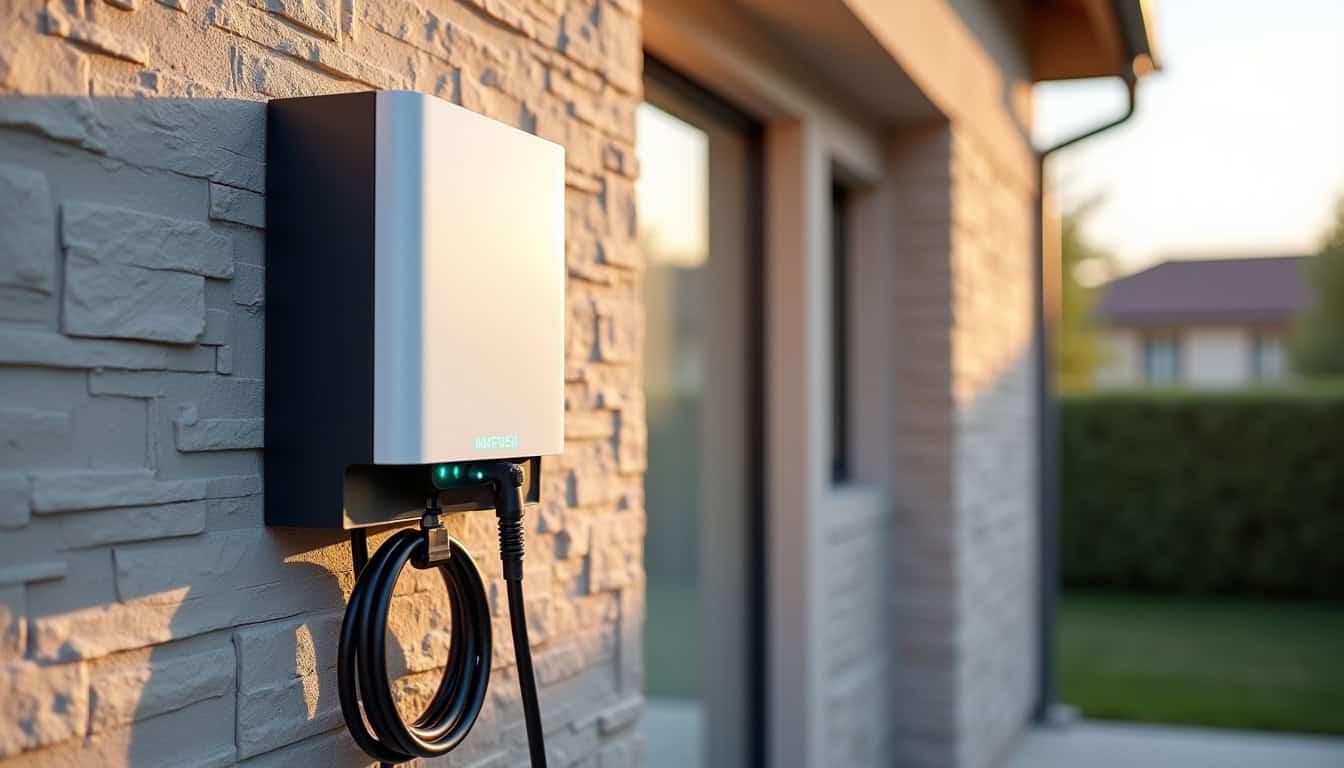 Borne de recharge électrique montée et fonctionnelle sur un mur extérieur