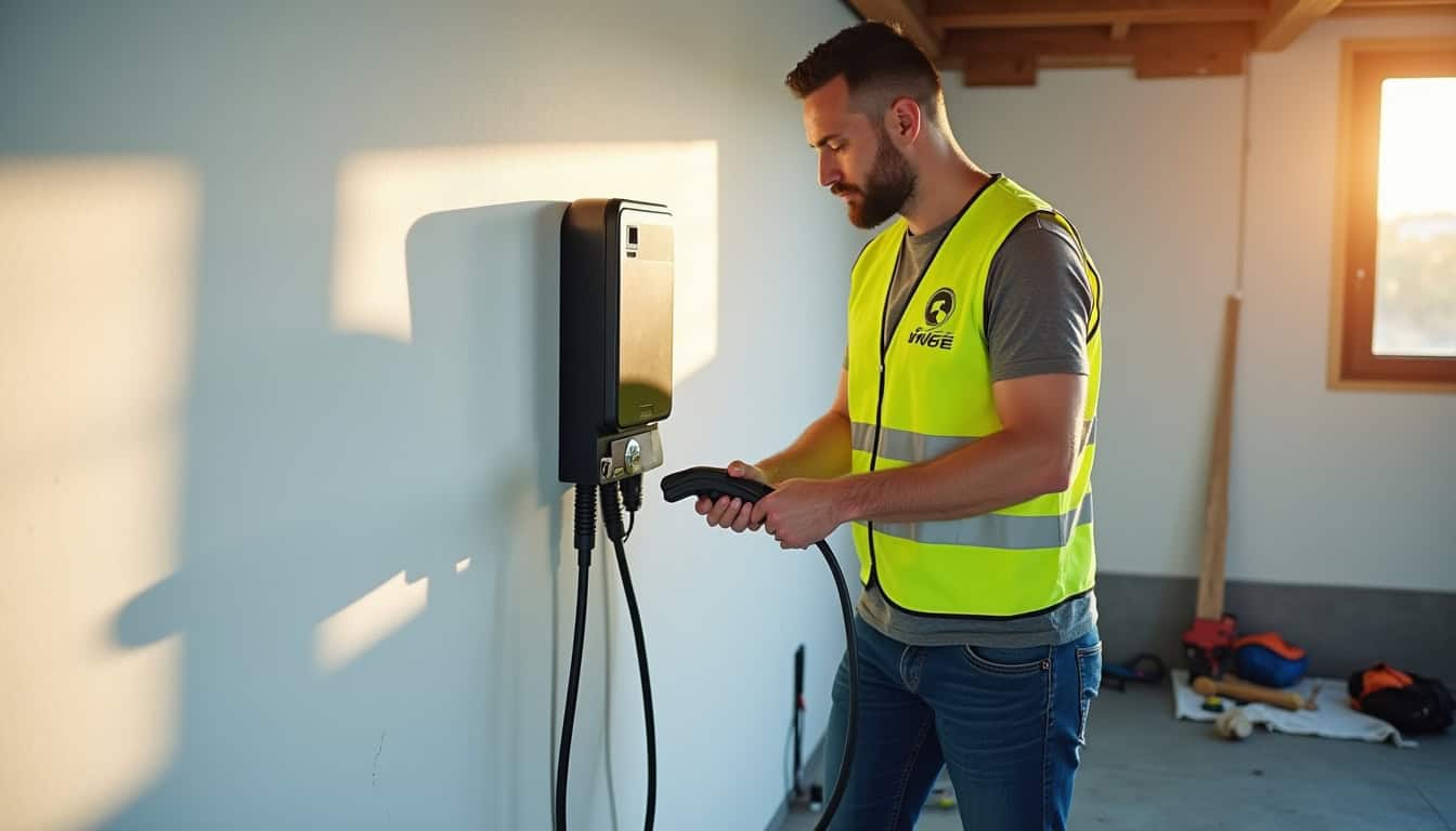 Borne de recharge électrique murale en cours d'installation par un professionnel IRVE dans le Var