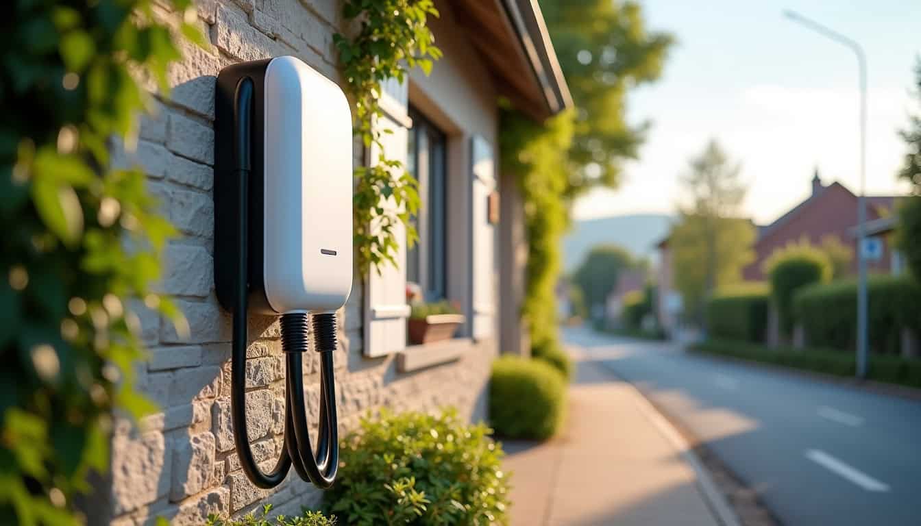 Borne de recharge électrique murale installée à l'extérieur d'une maison à Bellegarde