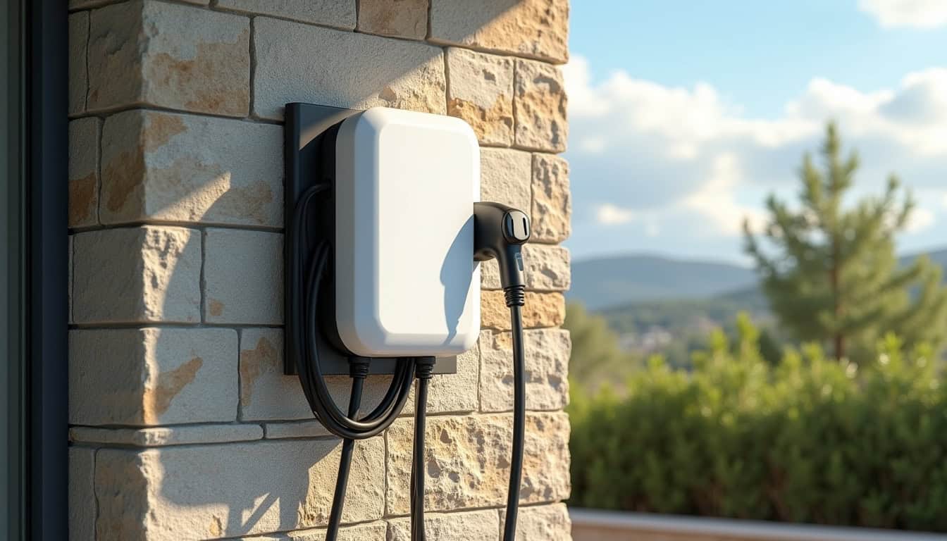 Borne de recharge électrique murale installée à l'extérieur d'une maison à Garidech