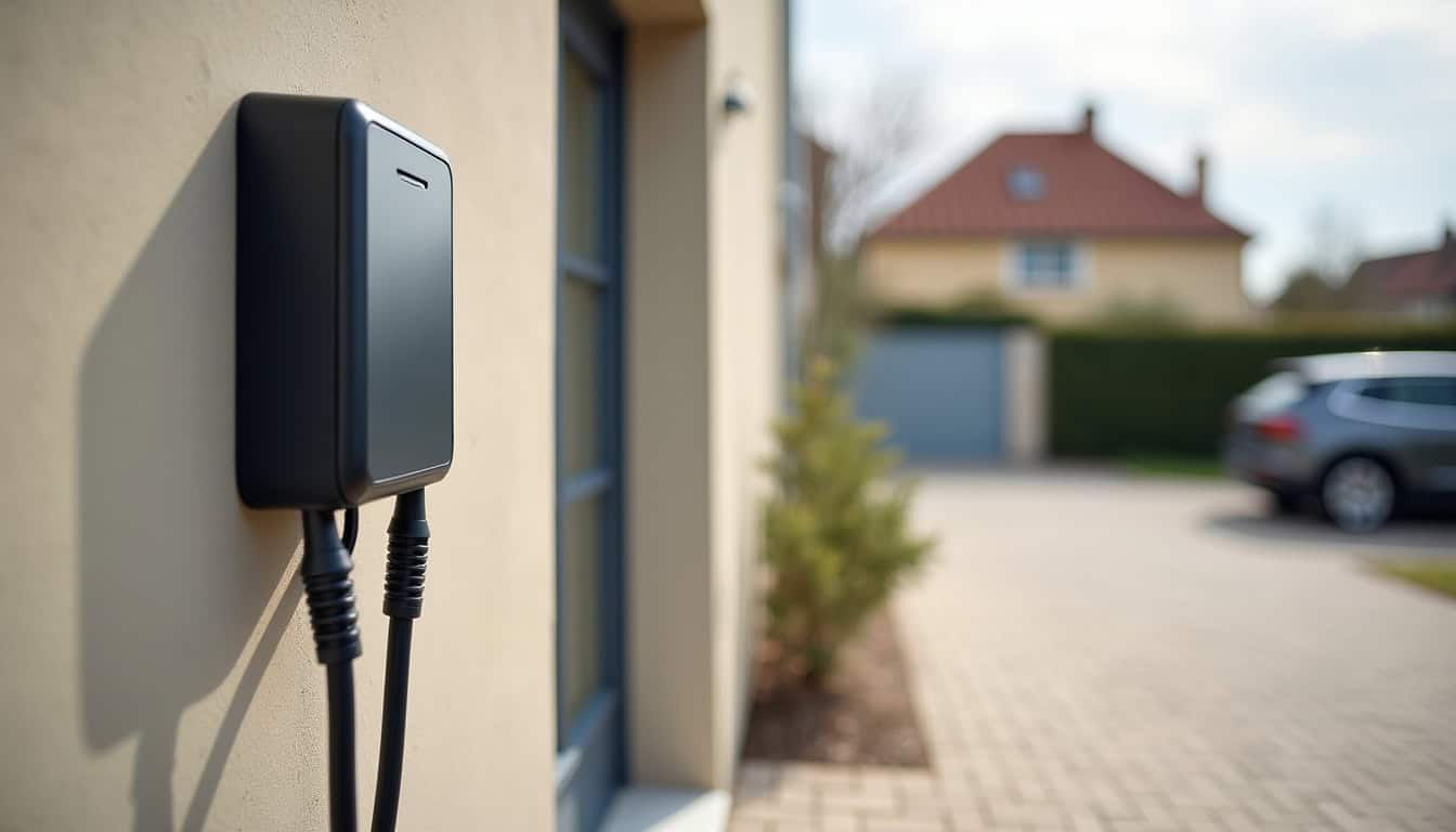 Borne de recharge électrique murale installée à l'extérieur d'une maison à Saint-Germain-le-Fouilloux