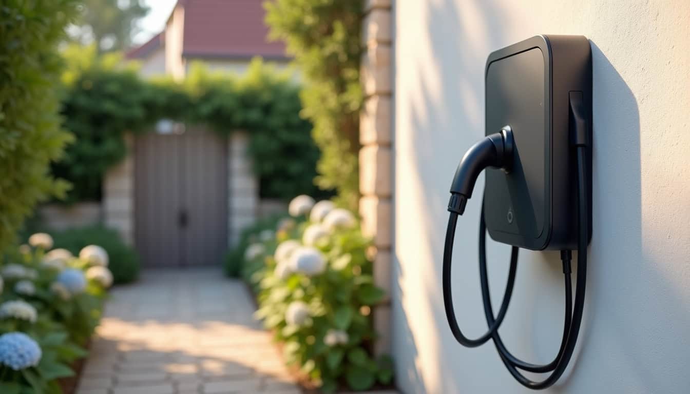 Borne de recharge électrique murale installée à l'extérieur d'une maison à Villenauxe-la-Grande