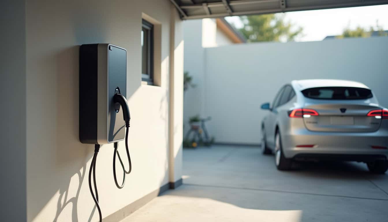 Borne de recharge électrique murale installée à proximité d'un véhicule électrique dans un garage résidentiel