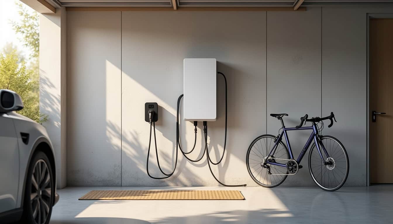 Borne de recharge électrique murale installée dans un garage privé à Lécluse