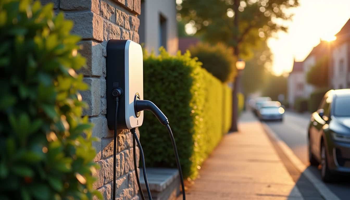 Borne de recharge électrique murale installée devant une maison à Saint-Aubin-d'Aubigné