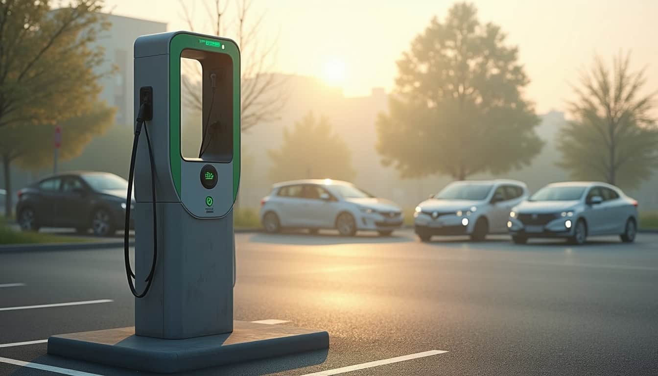 Borne de recharge électrique publique installée dans un parking de Favières