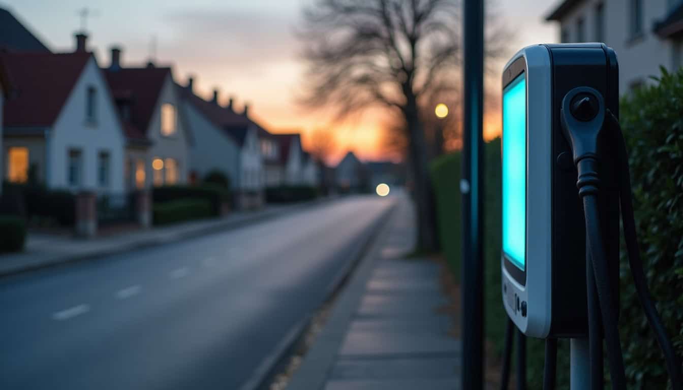 Borne de recharge électrique publique installée en bordure de rue à La Membrolle-sur-Choisille