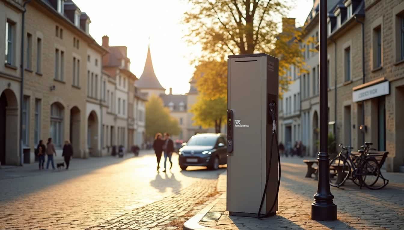 Borne de recharge électrique publique installée sur la place de la Libération à Le Cheylard