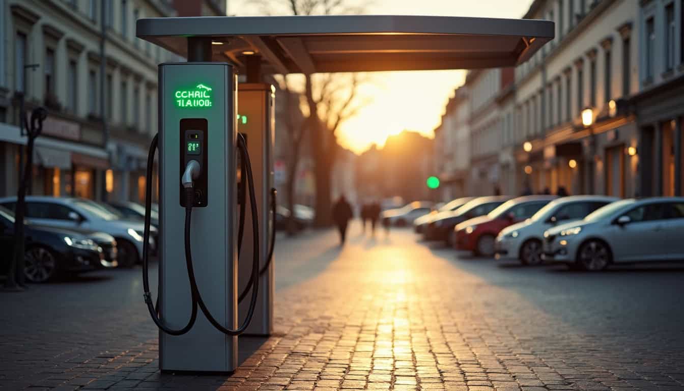 Borne de recharge électrique publique installée sur la Place du Général de Gaulle à Sablons-sur-Huisne