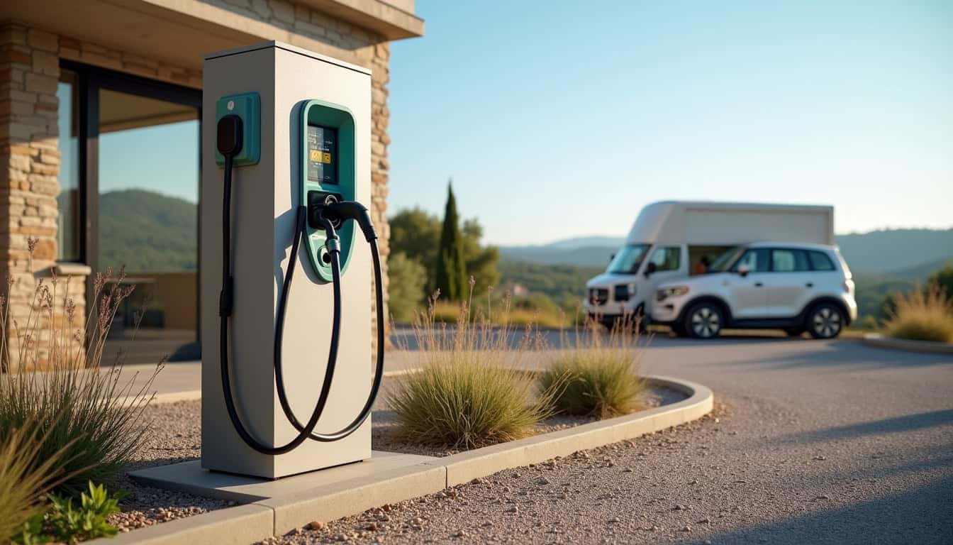 Borne de recharge électrique publique installée sur le parking d'un commerce à Grignan
