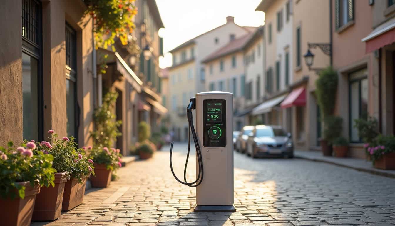 Borne de recharge électrique publique installée sur une place centrale à Chinon, entourée de commerces et de bâtiments historiques