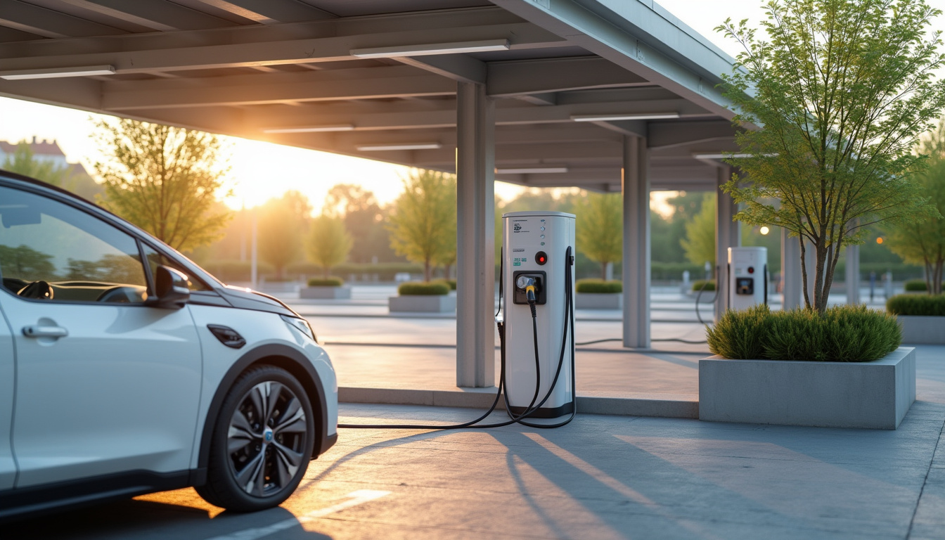 Borne de recharge électrique publique située à Bourgueil, près d'une grande surface