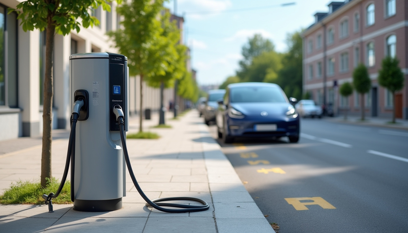 Borne de recharge électrique publique située à Duisans, vue de face avec câble déroulé