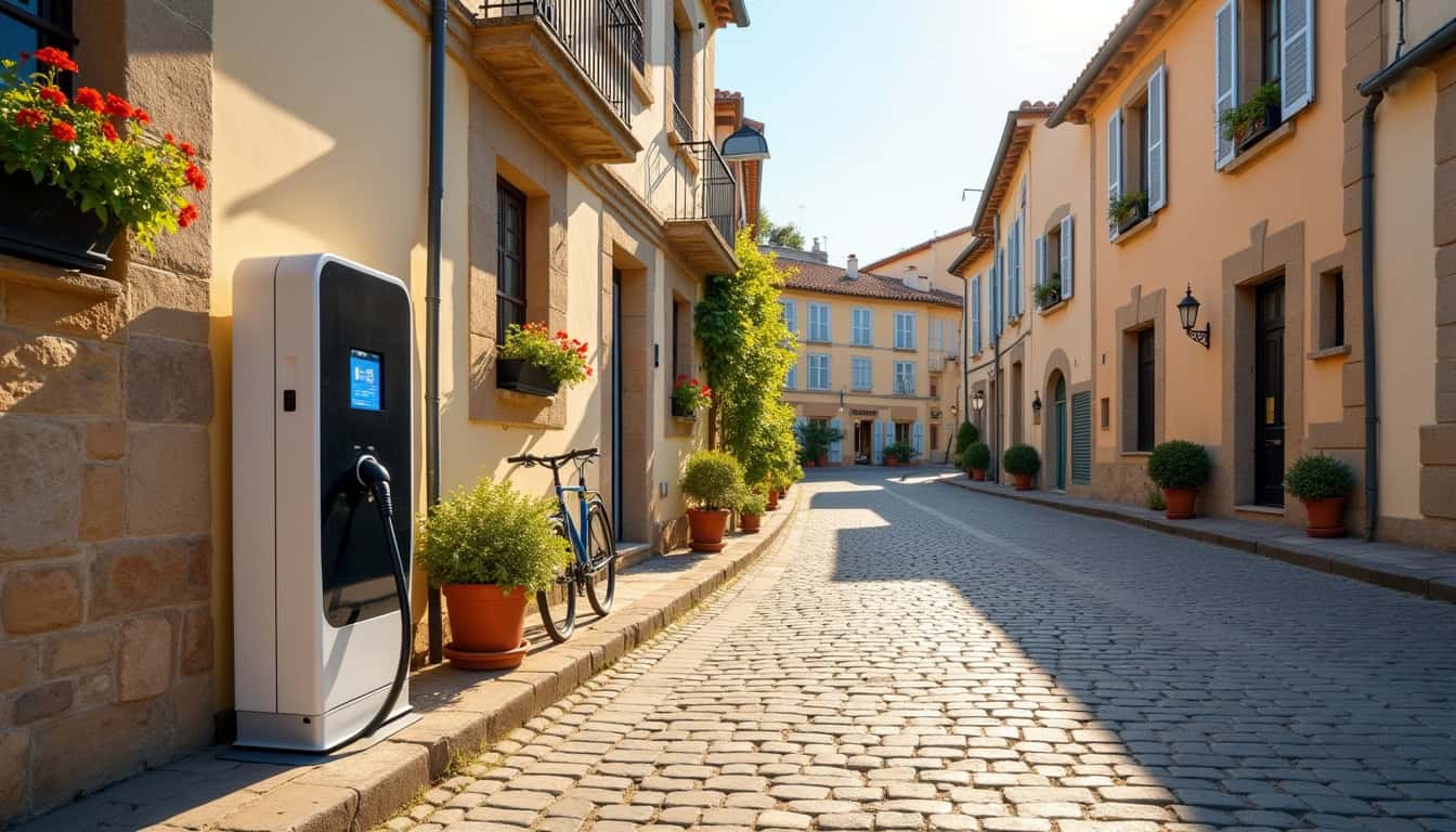 Borne de recharge électrique publique située à Marciac, près de l'hôtel de ville