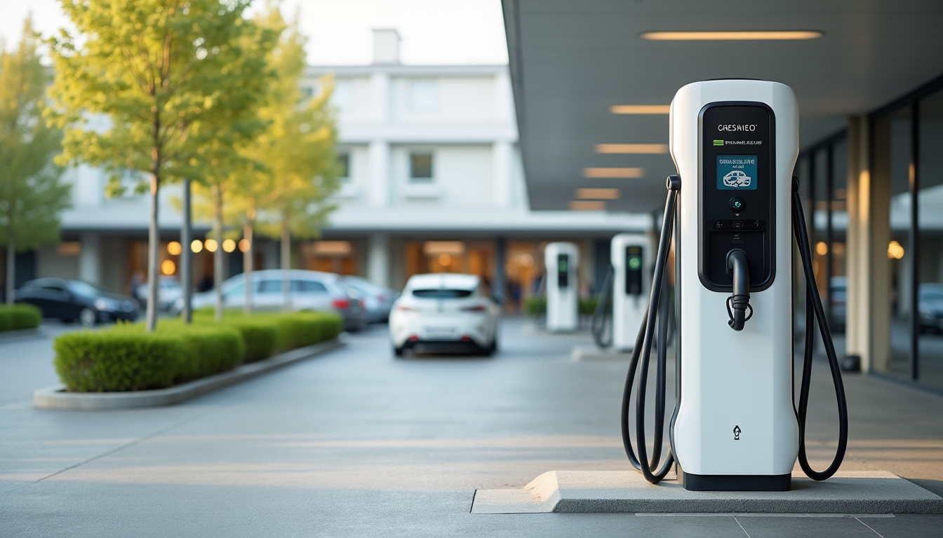 Borne de recharge électrique publique située à Pontchâteau, près d'un centre commercial