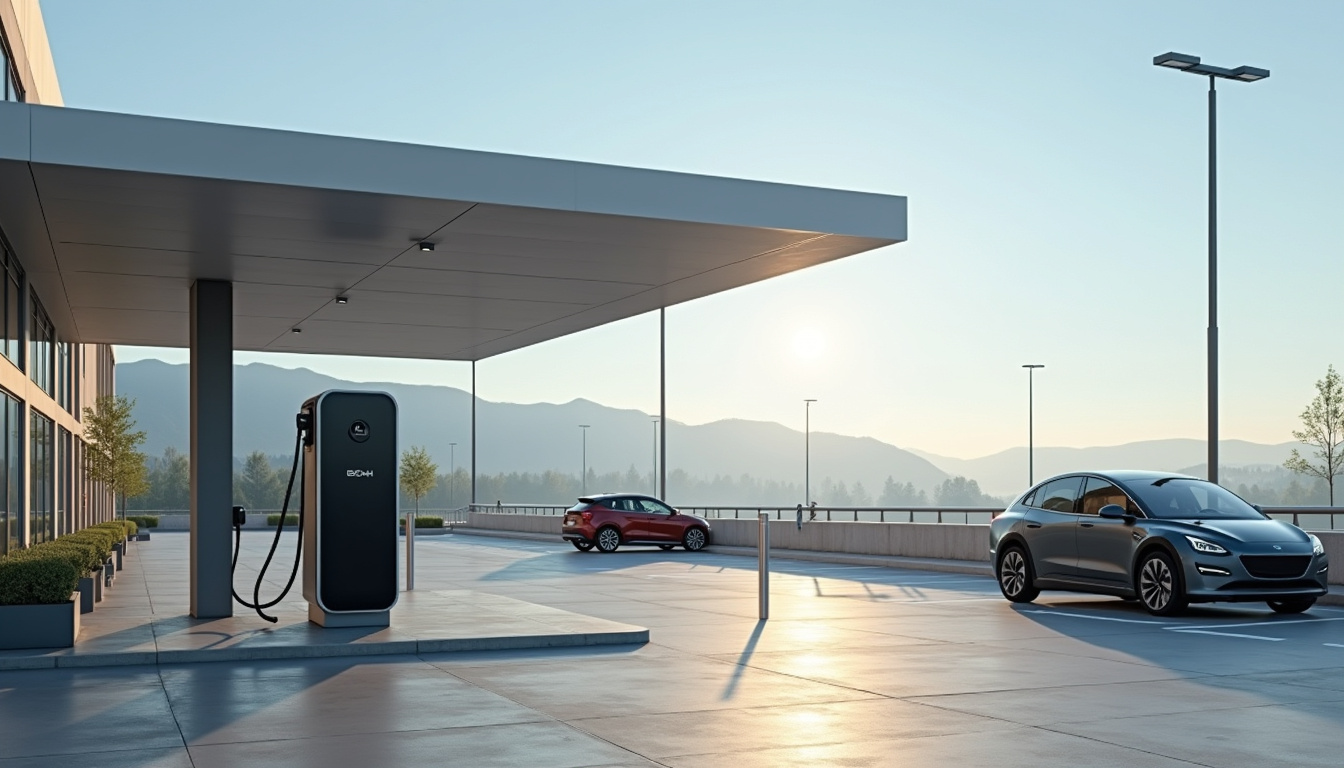 Borne de recharge électrique publique située à Thann, près d'un supermarché