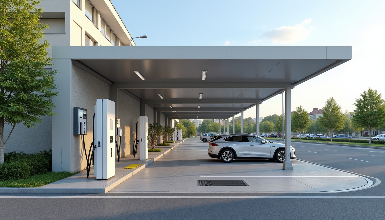 Borne de recharge électrique publique située à Thaon, installée près d'un parking municipal