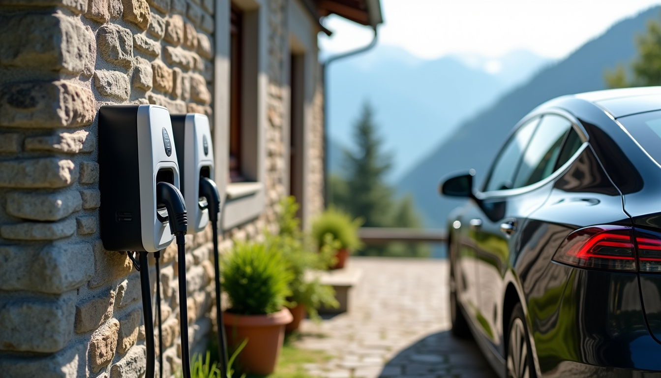 Borne de recharge électrique publique située au 1910 Chemin de la Chapelle à Monnetier-Mornex, avec deux prises visibles et un véhicule électrique en cours de charge