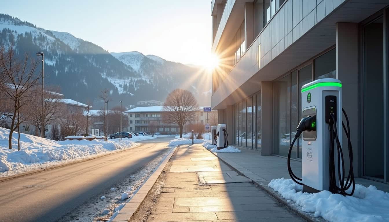 Borne de recharge électrique publique située devant le siège de SOREA Maurienne à Saint-Julien-Mont-Denis