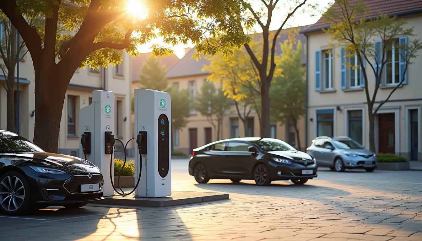 Borne de recharge électrique publique située Place du 8 Mai à Novillars, avec véhicules électriques en cours de recharge