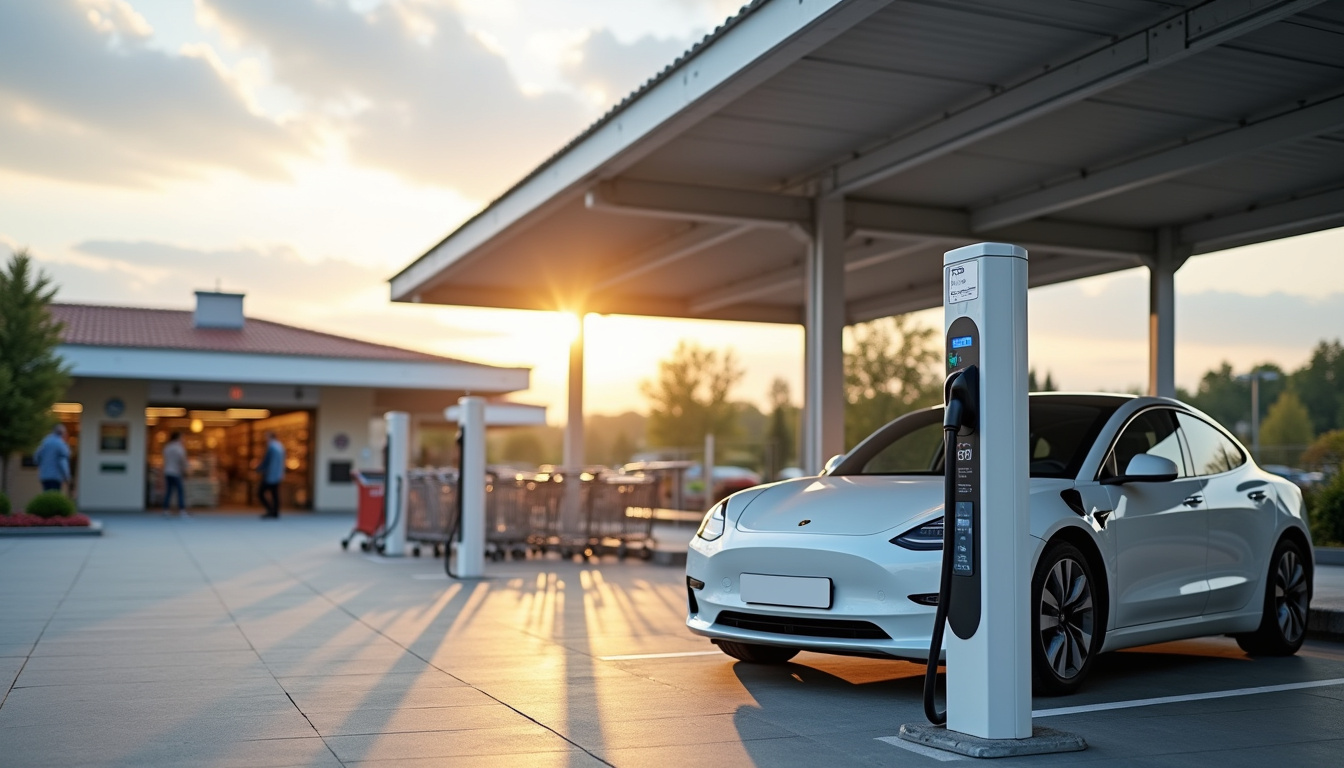 Borne de recharge électrique publique située près d'un supermarché à Rambervillers
