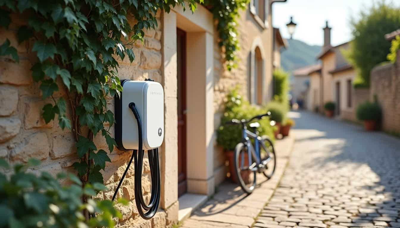 Borne de recharge électrique publique située rue du Bourg à Vinezac