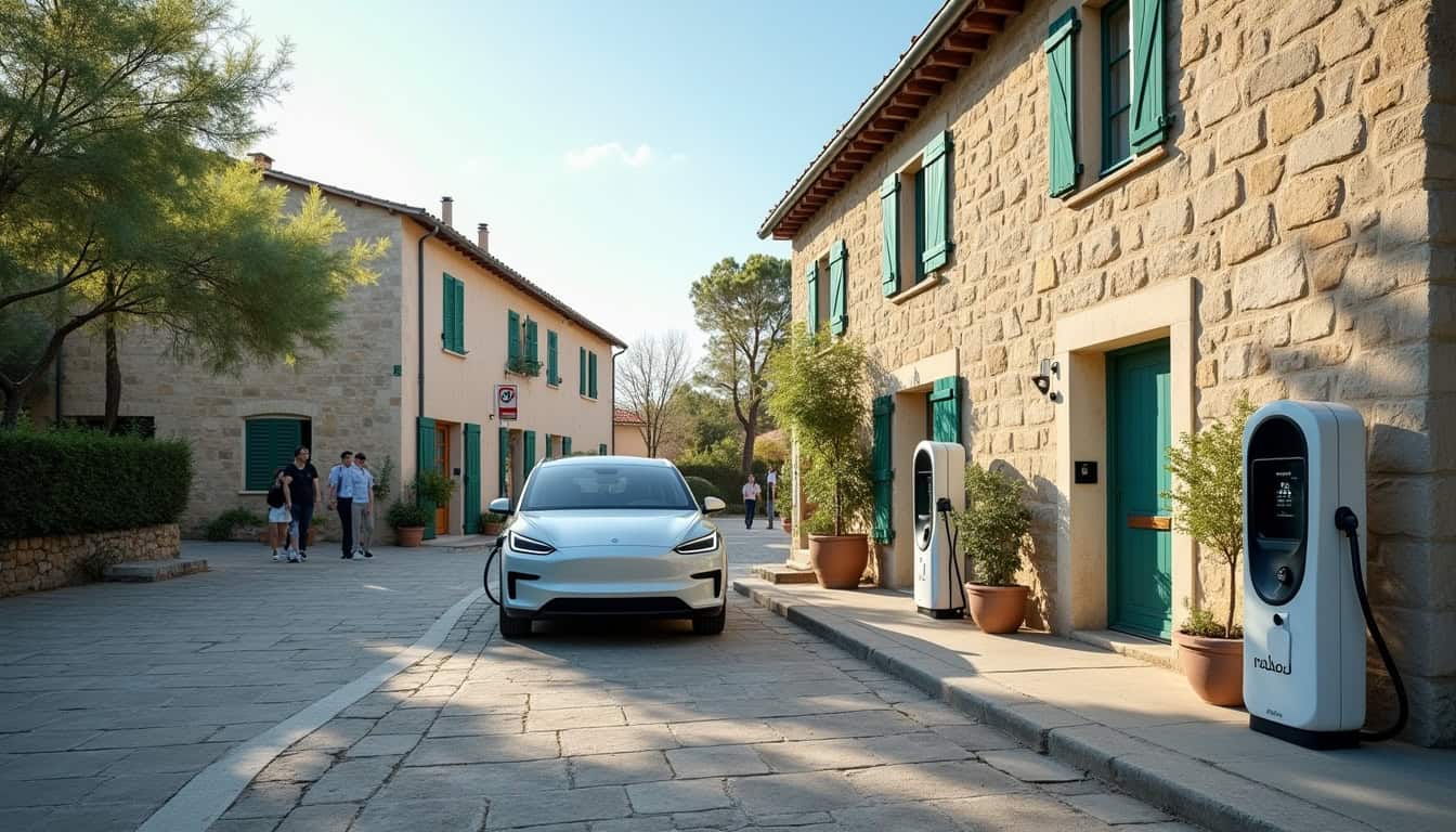 Borne de recharge électrique publique située sur la place Jean Jaurès à Mercus