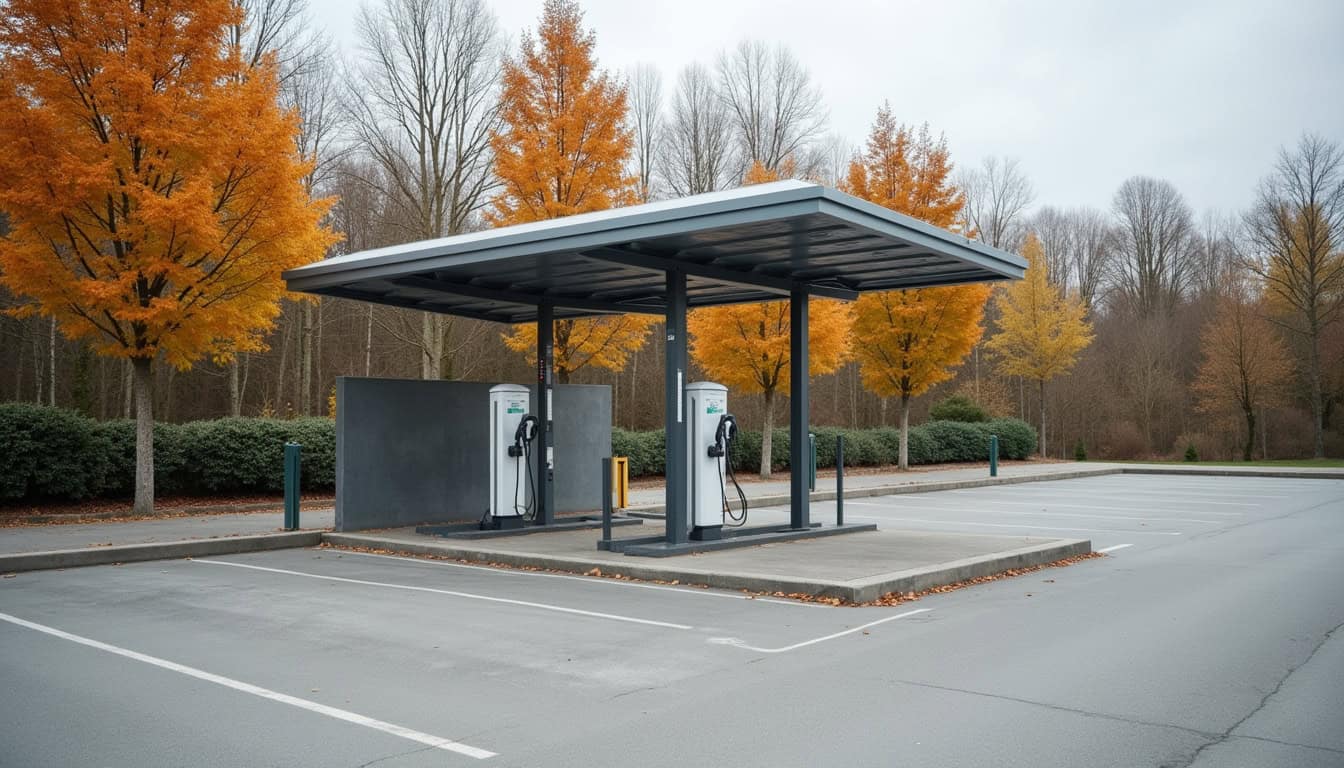 Borne de recharge électrique publique située sur un parking communal à Til-Châtel