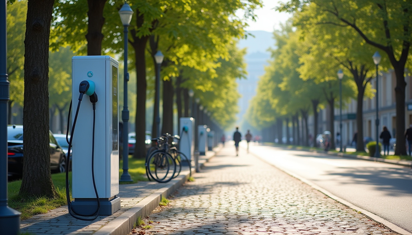 Borne de recharge électrique publique située sur une avenue de Portiragnes