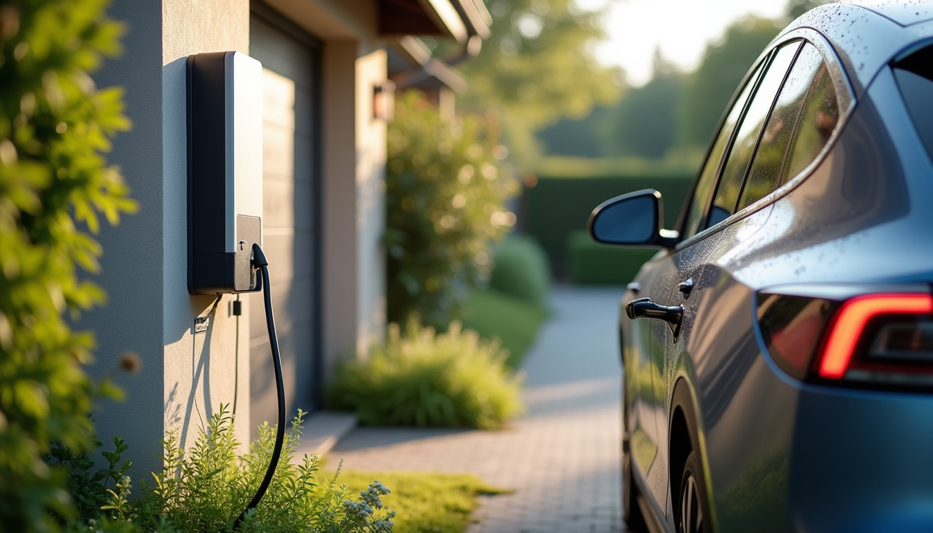 Borne de recharge électrique récemment installée dans un jardin résidentiel à Neuvic