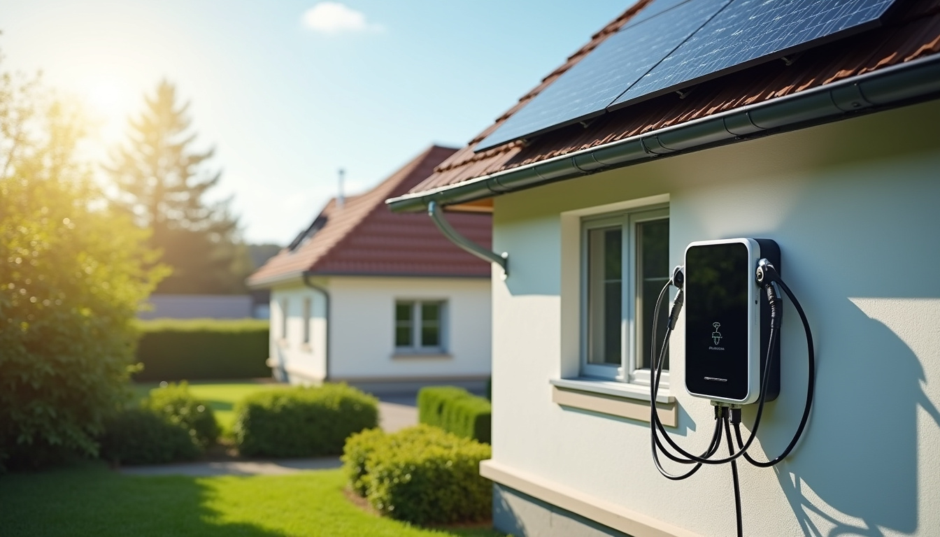 Borne de recharge électrique reliée à un système photovoltaïque sur un toit de maison à Neuville-les-dames