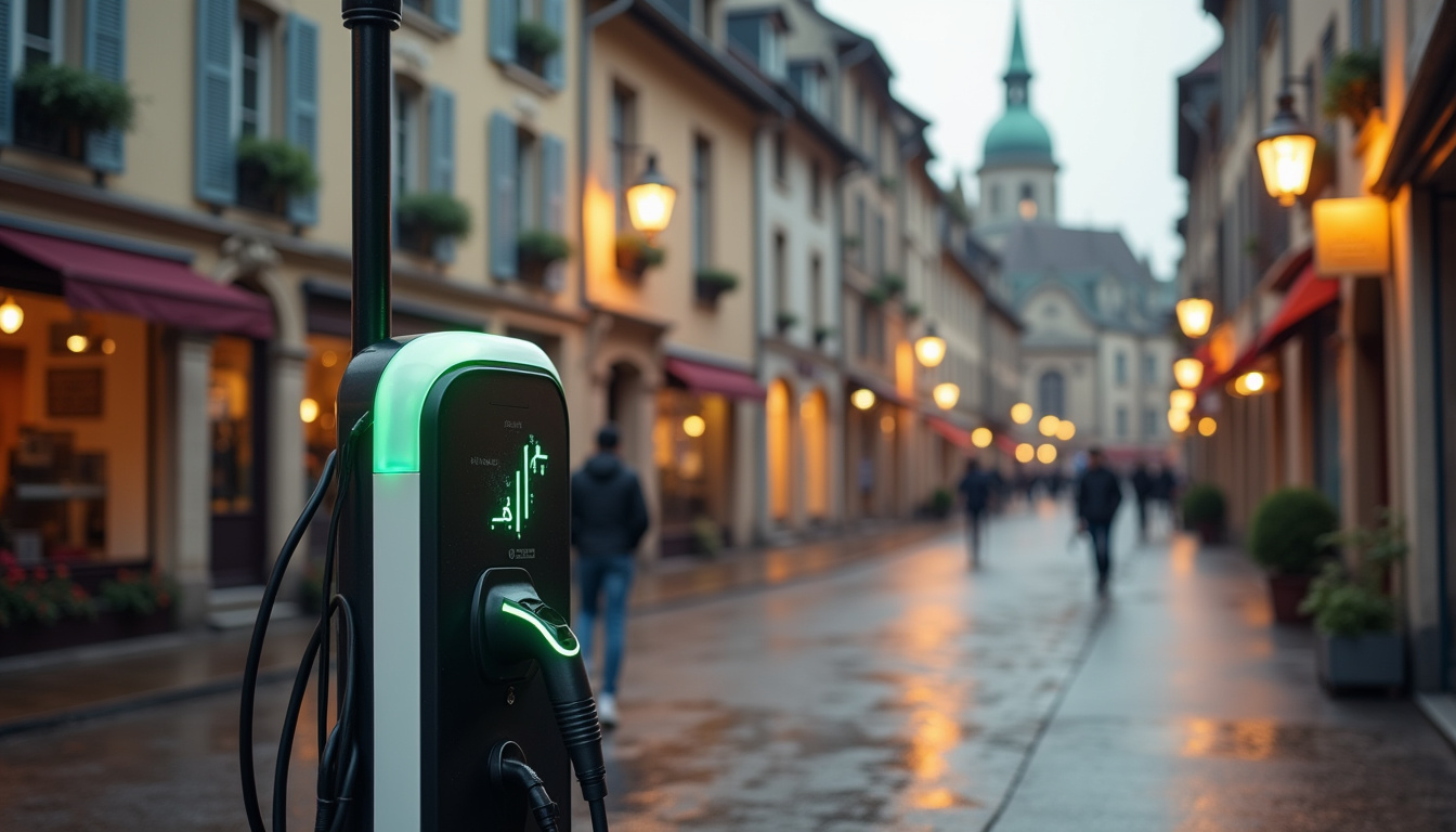 Borne de recharge électrique située en centre-ville de Thiers-sur-Thève, près de la mairie et des commerces