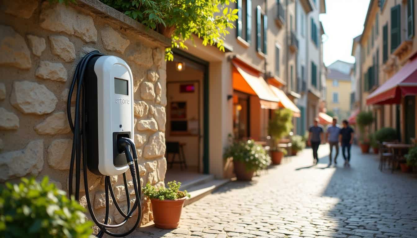 Borne de recharge électrique située sur la Place de la Golette à Bouzigues, en zone urbaine proche des commerces