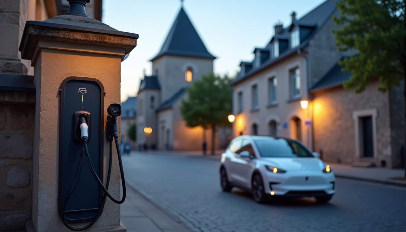 Borne de recharge électrique située sur la place de l'église à Chouzé-sur-Loire
