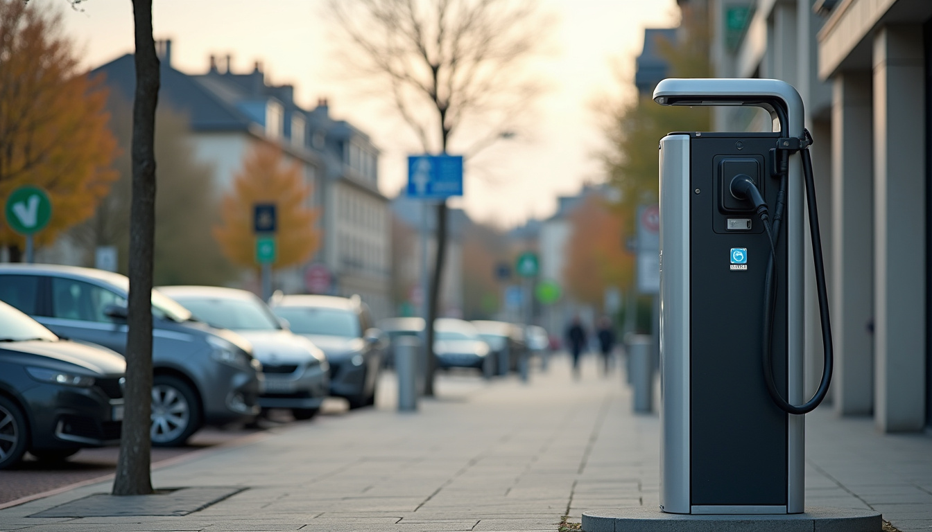Borne de recharge électrique située sur la place Turenne à Sedan, entourée de véhicules stationnés