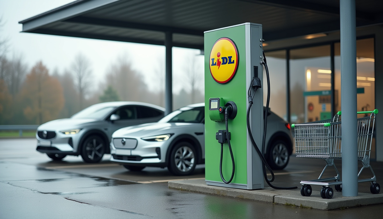 Borne de recharge électrique située sur le parking d'un supermarché Lidl à Ahuy