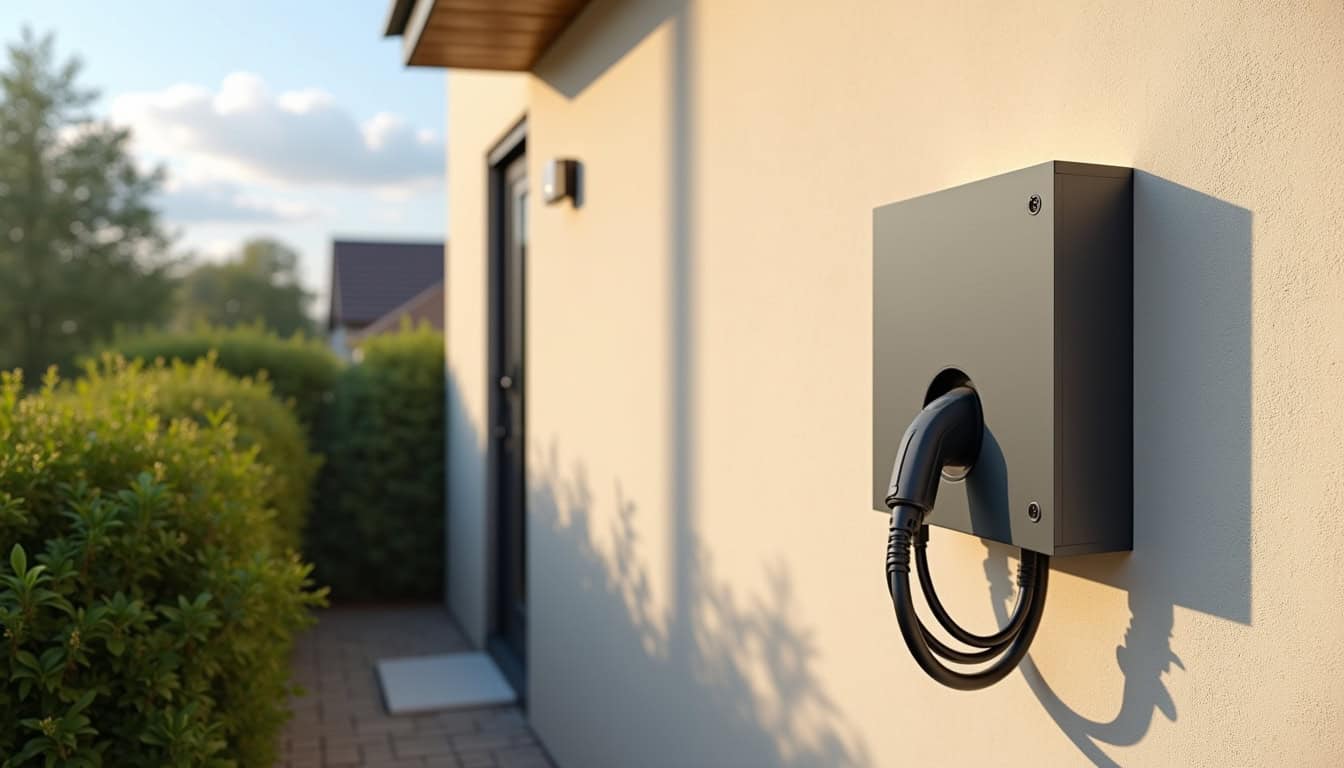 Borne de recharge électrique type Wallbox installée sur mur extérieur à Montilliers