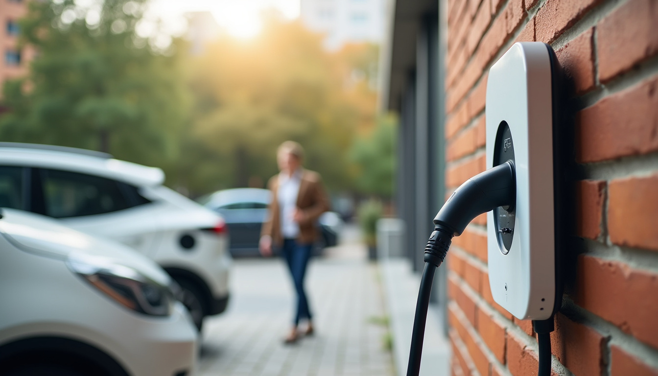 Borne de recharge électrique utilisée par un employé sur son lieu de travail pendant la journée