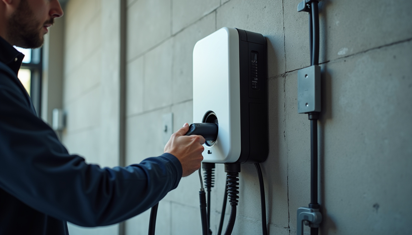 Borne de recharge en cours de fixation sur un mur intérieur avec câblage visible