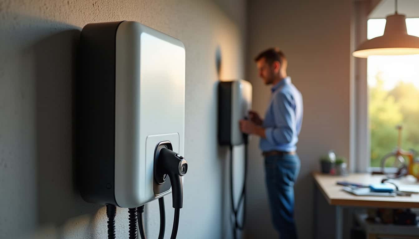 Borne de recharge en cours d'installation pour une voiture électrique à Saverne