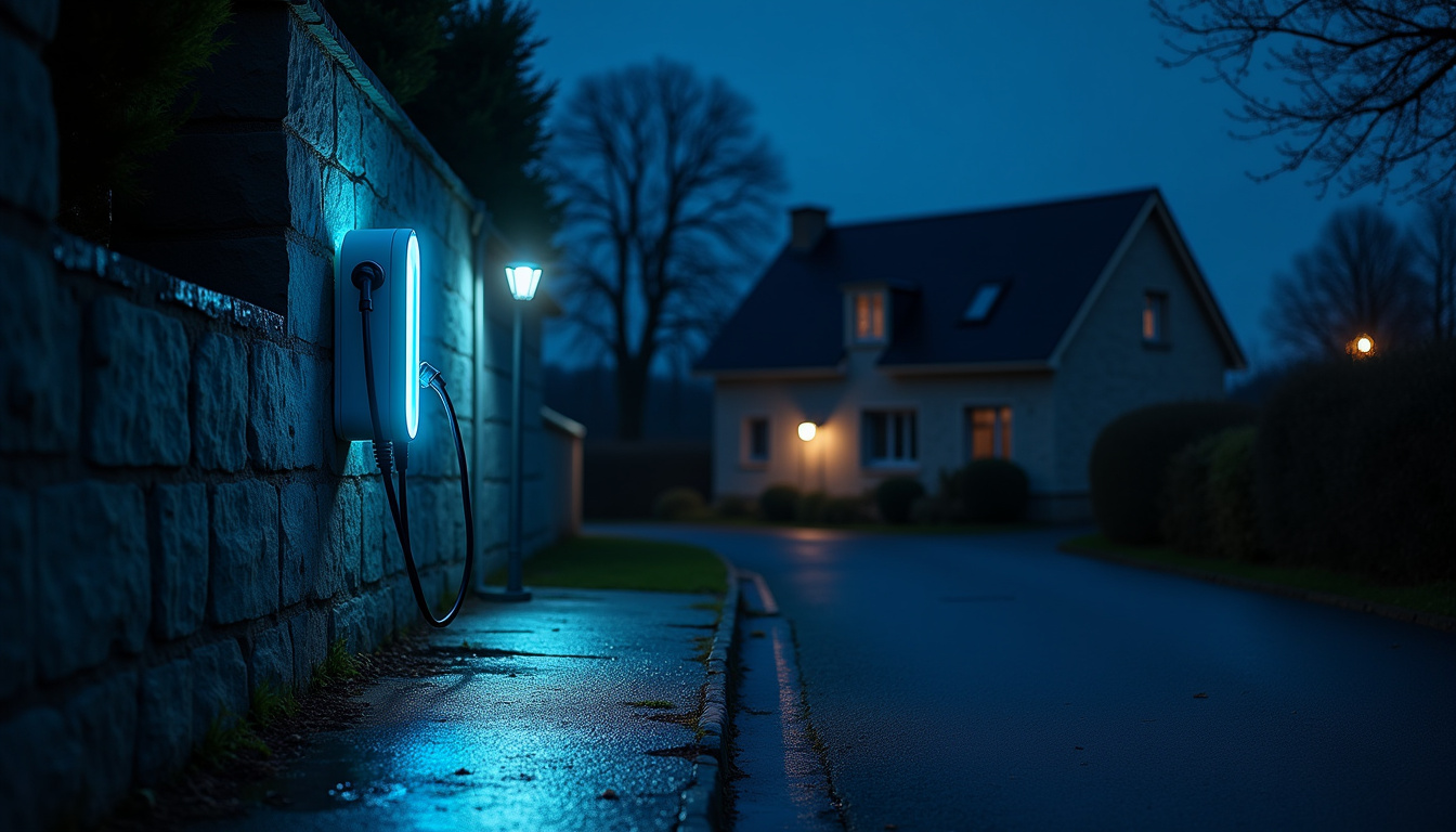 Borne de recharge en fonctionnement la nuit devant une maison à Fouilloy