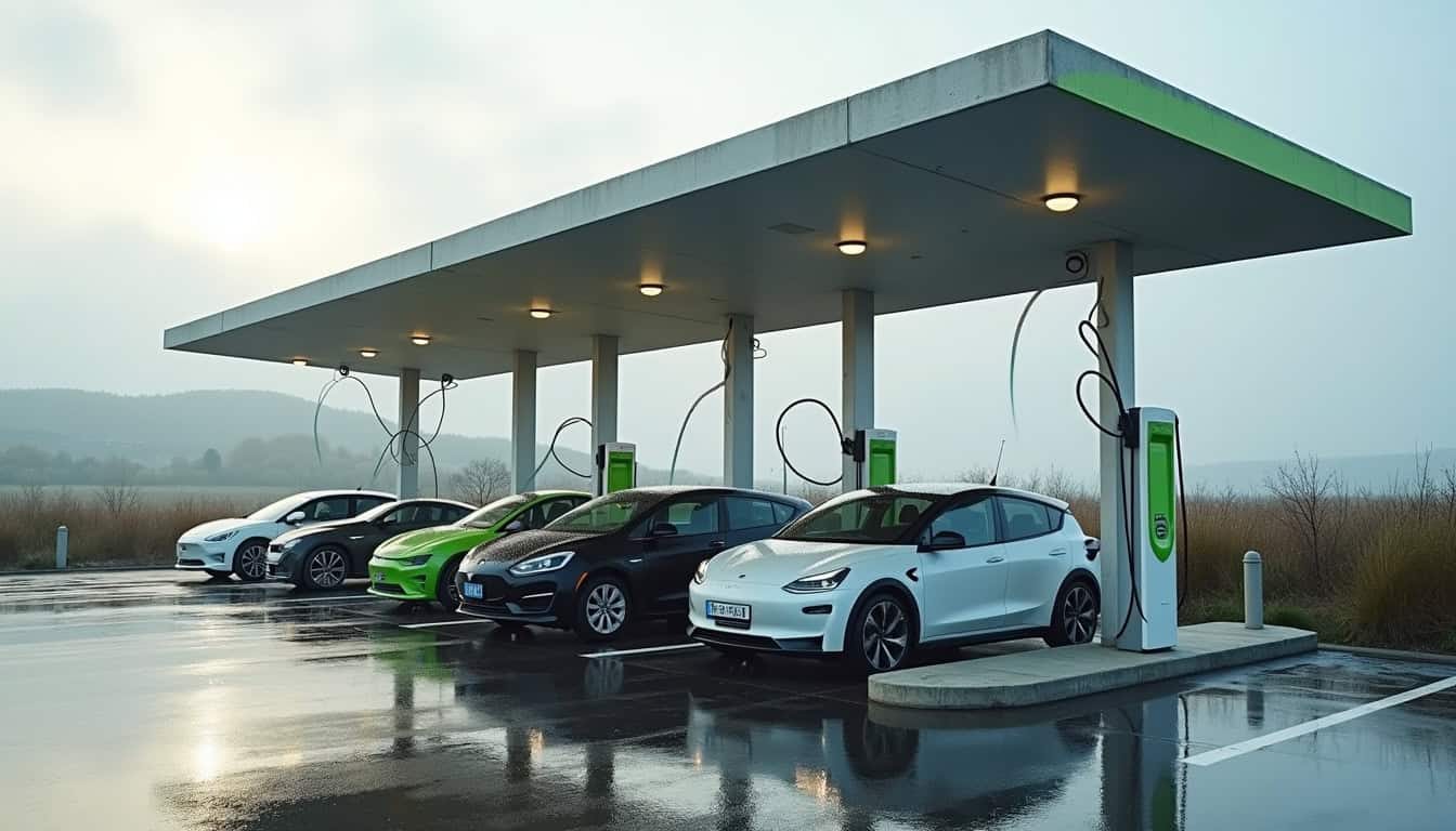 Borne de recharge Fastned située sur l'aire d'autoroute de La Maxe, équipée de plusieurs types de prises et couverte pour une utilisation par tout temps