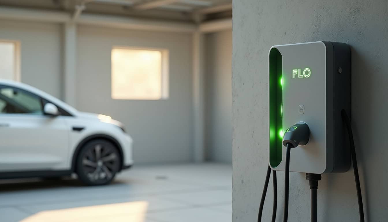 Borne de recharge FLO Maison G5 installée dans un garage résidentiel à Simard