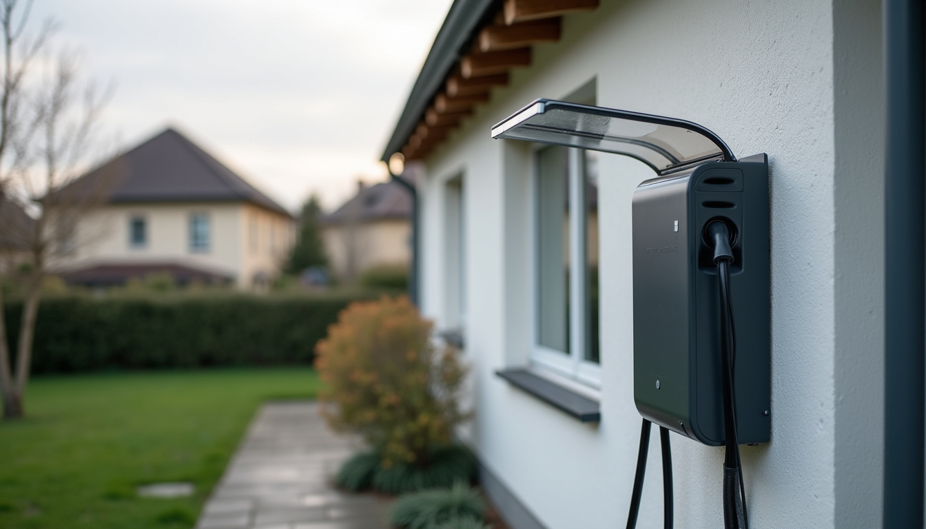 Borne de recharge installée à l’extérieur d’un domicile à Villeneuve-le-comte, protégée des intempéries