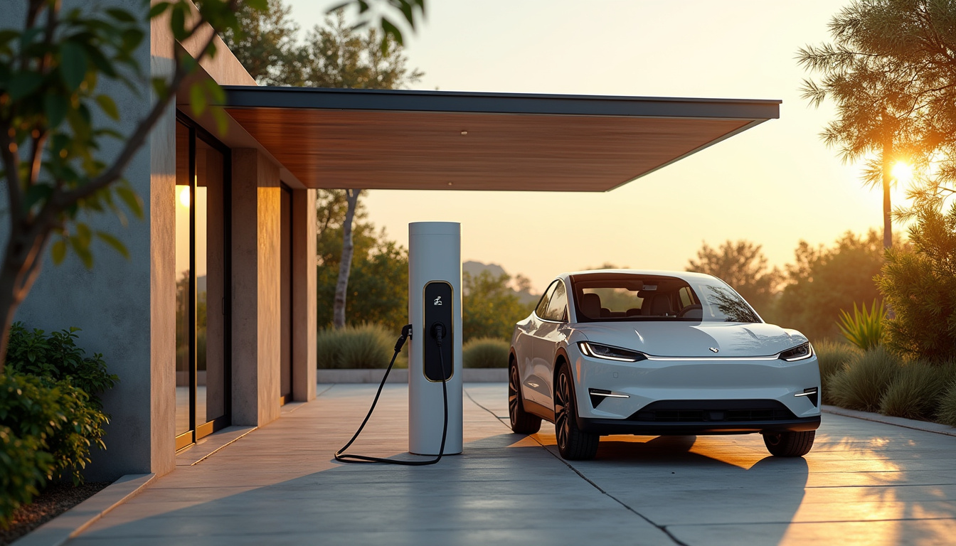 Borne de recharge installée à l'extérieur d'une maison à Bouéni, protégée par un auvent et connectée à une voiture électrique