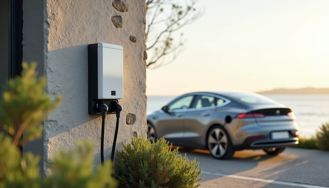 Borne de recharge installée à l'extérieur d'une maison à Le Vivier-sur-Mer