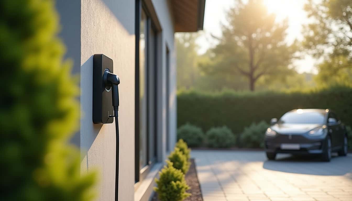 Borne de recharge installée à l'extérieur d'une maison à Luceau