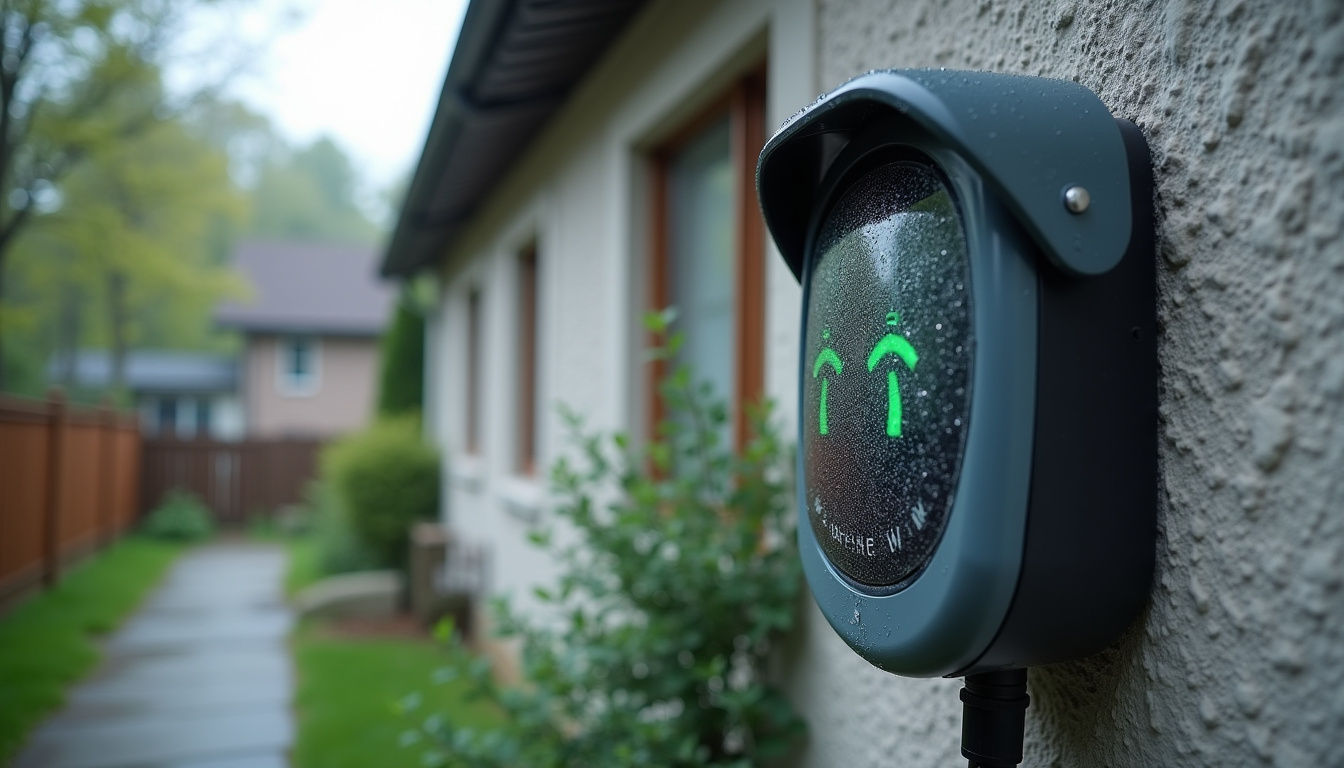 Borne de recharge installée à l’extérieur d’une maison à Saint-Denis-d'Anjou, protégée des intempéries