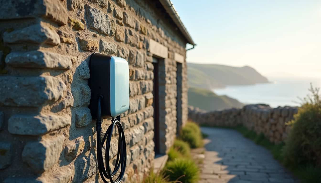 Borne de recharge installée à l'extérieur d'une maison bretonne, fixée sur un mur en pierre avec câble bien rangé